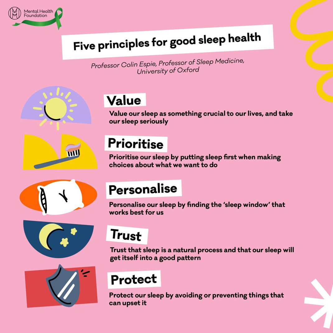 5 principles for happier sleep:
🛌 Take good sleep seriously
✅ Prioritise sleep in your choices
⏰ Find your own ‘sleep window’
👍 Trust sleep as a natural process
📴 Avoid undermining your sleep
#WorldSleepDay