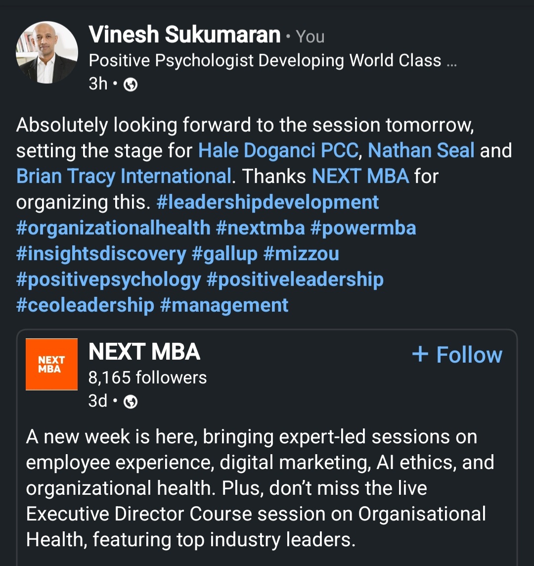 Absolutely looking forward to the session tomorrow, setting the stage for Hale Doganci PCC, Nathan Seal and Brian Tracy International. Thanks <a href="/nextmba1/">nextmba</a> for organizing this. #leadershipdevelopment #organizationalhealth #nextmba #powermba #insightsdiscovery #gallup #mizzou