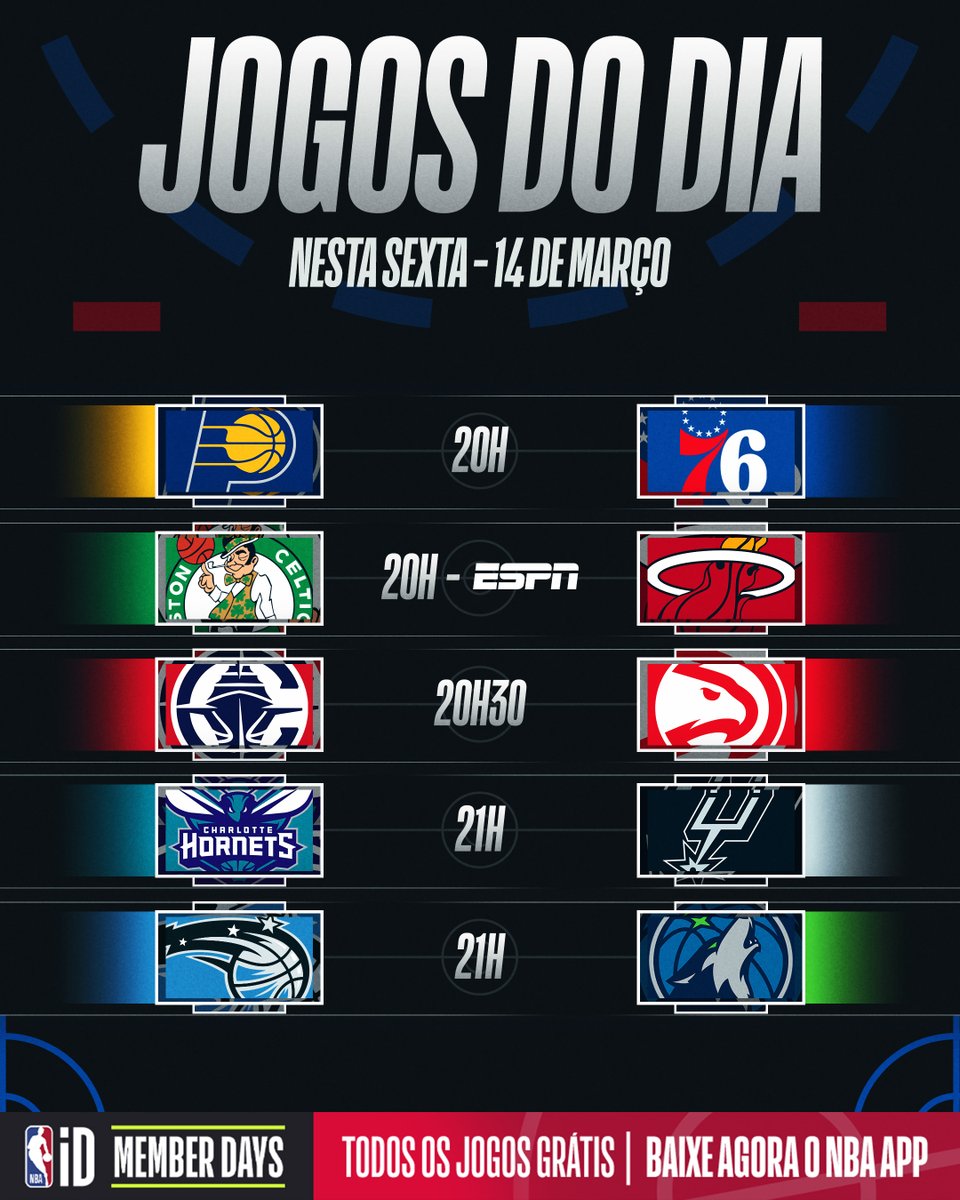 NBABrasil's tweet photo. SEXTOU COM MUITA NBA! 🤩
Rodada com dez jogos e todos DE GRAÇA, é só baixar o NBA APP e usar o seu NBA ID! 📲
#AgendaNBA #NBAPP https://t.co/rjIZdBYVvG