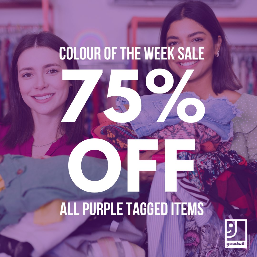 GoodwillAmity's tweet image. ✨Have you heard? Our #ColourOfTheWeek Sale now saves you MORE! ✨

Enjoy 75% OFF all items tagged with this week’s colour!

This week's colour is PURPLE! 💜 Starting today, find purple tagged items &amp;amp; score unbeatable deals! Save BIG at Goodwill!

#ShopGoodwill #ThriftAndSave