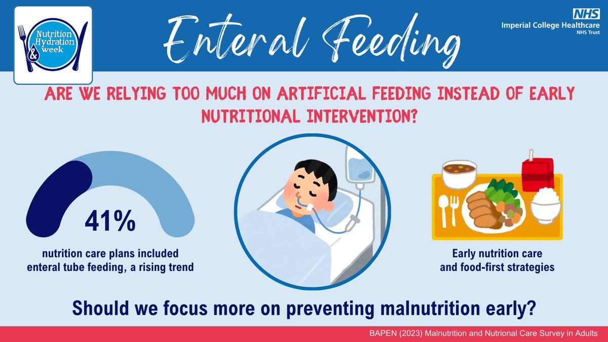 Annette Rugyendo RD (@annette_rd) on Twitter photo 🤔 Are we relying too much on enteral feeding?
Enteral feeding delivers nutrients into the gut when patients can't eat enough by mouth. While often vital, it’s important not to over-rely on it when eating is possible.
#NHWeek2025 <a href="/NHWeek/">N&H Week</a> <a href="/ImperialPeople/">Imperial People 💙</a> <a href="/BDA_Dietitians/">British Dietetic Association</a> 🤔 Are we relying too much on enteral feeding?
Enteral feeding delivers nutrients into the gut when patients can't eat enough by mouth. While often vital, it’s important not to over-rely on it when eating is possible.
#NHWeek2025 <a href="/NHWeek/">N&H Week</a> <a href="/ImperialPeople/">Imperial People 💙</a> <a href="/BDA_Dietitians/">British Dietetic Association</a>