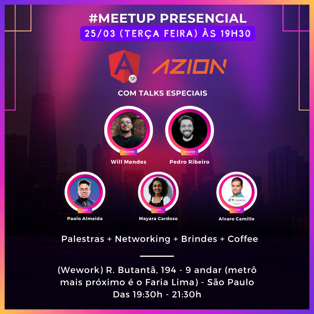 AngularSP's tweet image. Neste mês teremos um encontro especial que será sediada pelo time da Azion! 🤩
Onde teremos duas palestras sensacionais e muita troca de conhecimento:
📌 Infos:
Wework - Rua Butantã, 194 - 9 Andar
Pinheiros - São Paulo
📅 Dia 25/03 - 19h30 às 21h30
🔗 aziontech.typeform.com/to/GfZL2mvb