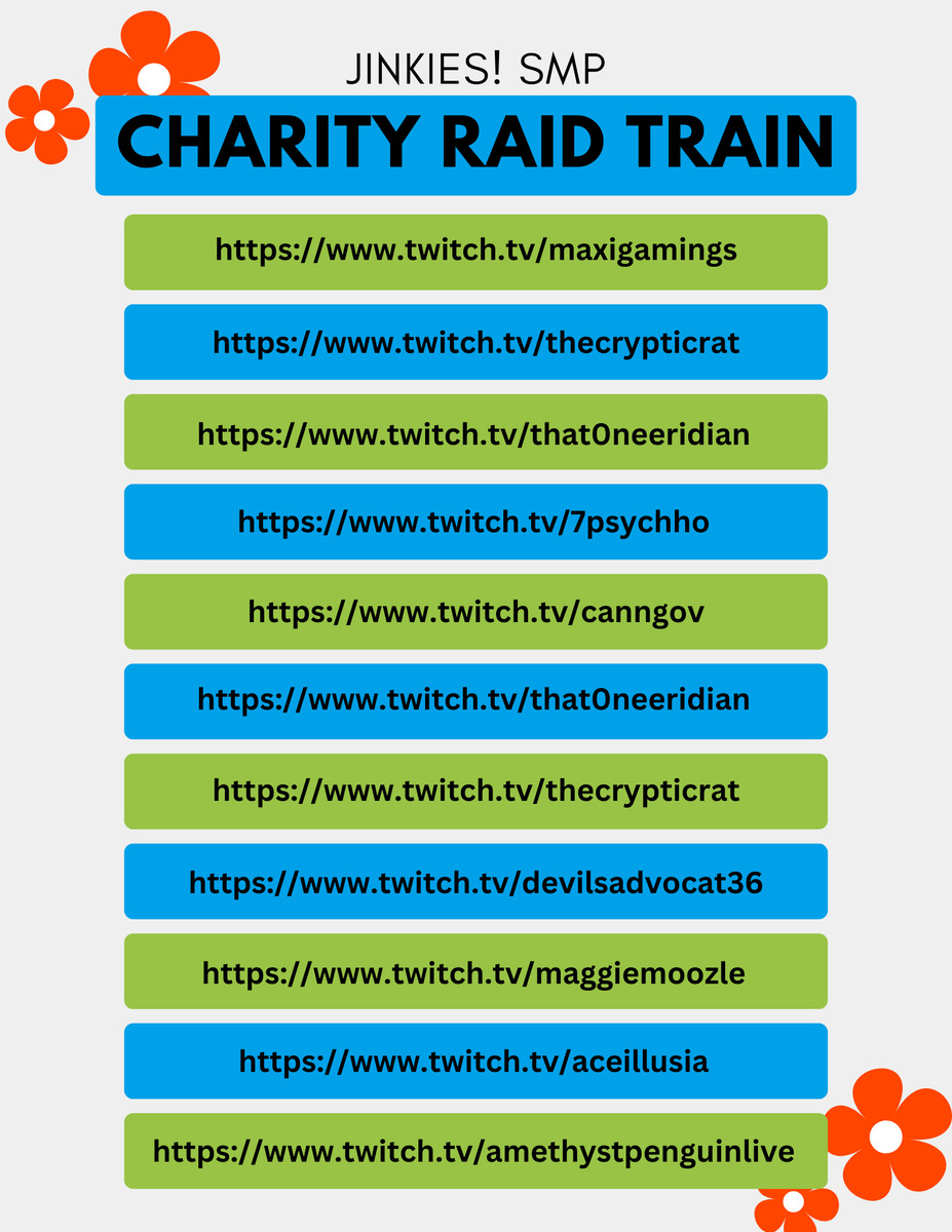 Starting at 2am PDT/5am EDT/10am BST
JINKIES! will be hosting a charity raid train on our server!
22 straight hours of JINKIES! smp gameplay live for your enjoyment!!
Help us hit some of our charity goals and meet more of our members!!!