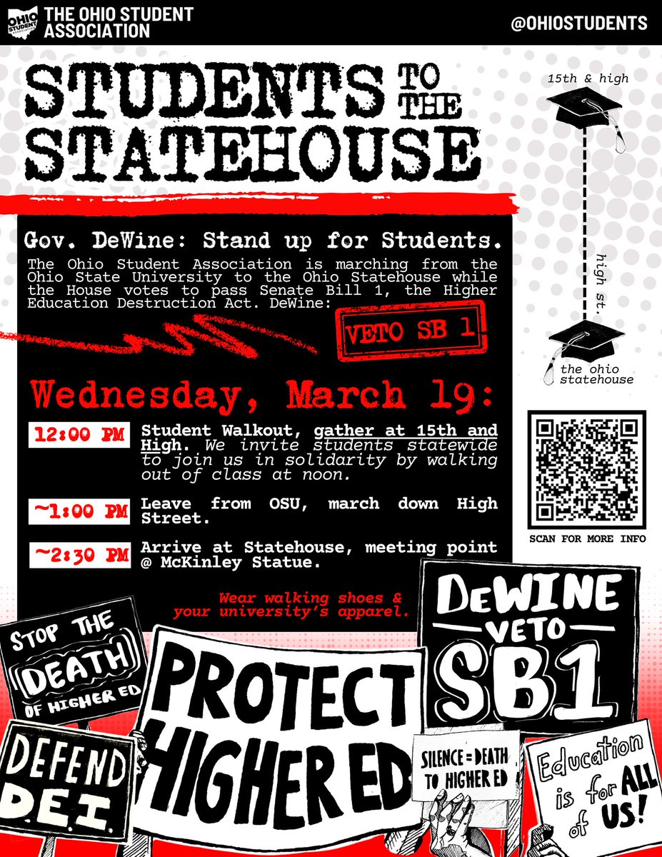 🚨 ACTION ALERT — Wednesday 3.19, OSA will be marching from the Ohio State University to the Ohio Statehouse as the House passes SB 1 despite record-breaking student opposition. We call on DeWine to veto the bill. Join us in Columbus.