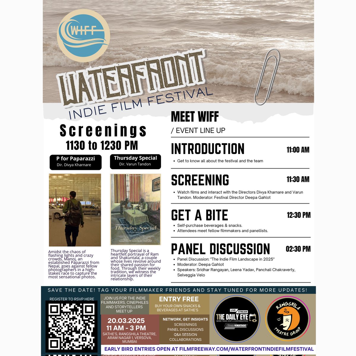 WIFF MUMBAI (@wiffmumbai) on Twitter photo 🎬 Waterfront Indie Film Fest invites you! Join the Indie Filmmakers Networking Event on March 20, Mumbai – screenings, panel, networking!
📍 11 AM - 3 PM | Free entry ☕ | RSVP: forms.gle/c6fyQLe4ej7UWG…
#IndieFilmmakers #FilmNetworking #WaterfrontIndieFilmFest
<a href="/deepagahlot/">Deepa Gahlot</a> 🎬 Waterfront Indie Film Fest invites you! Join the Indie Filmmakers Networking Event on March 20, Mumbai – screenings, panel, networking!
📍 11 AM - 3 PM | Free entry ☕ | RSVP: forms.gle/c6fyQLe4ej7UWG…
#IndieFilmmakers #FilmNetworking #WaterfrontIndieFilmFest
<a href="/deepagahlot/">Deepa Gahlot</a>