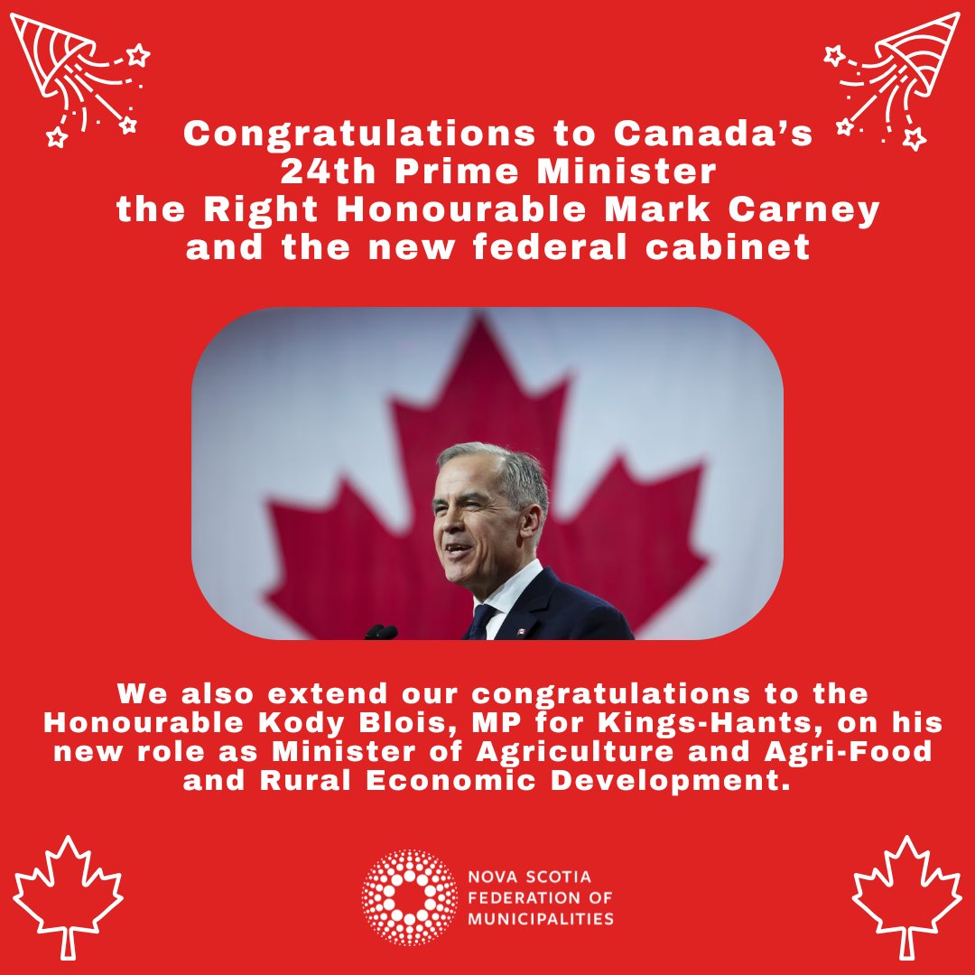 nsfedmuni's tweet photo. #NSFM congratulates Canada's 24th PM @MarkJCarney and Minister @KodyBloisNS on his new role overseeing Agriculture, Agri-Food &amp; Rural Economic Development. Together, we'll champion thriving rural communities. #NSMunicipalities #RuralDevelopment #CDNPoli @KodyBloisNS @MarkJCarney https://t.co/XuvHVEiAxb