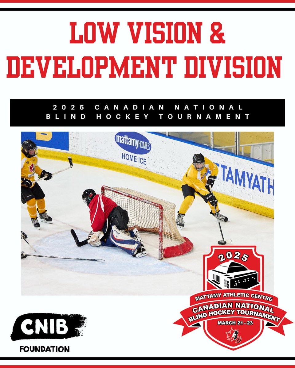 The Low Vision and Development Division at #CNBHT2025 is where hockey players with low vision can play the game at a more recreational level. 
These players continue to amaze us with their skill &amp; we're excited to announce the rosters on Monday! canadianblindhockey.com/canadian-natio…