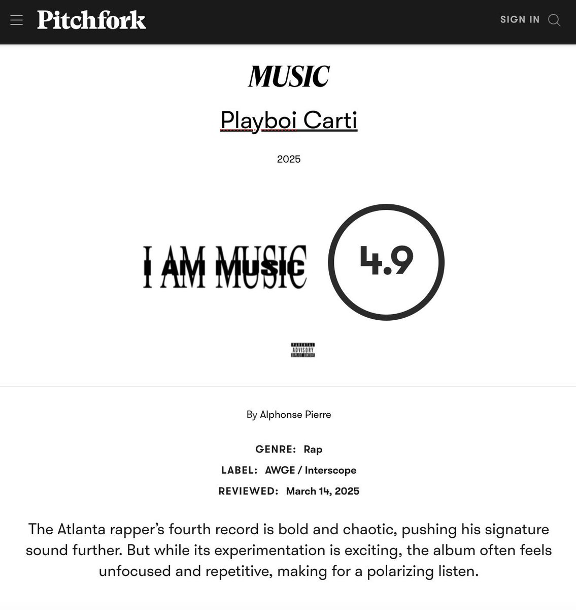 Pitchfork gives Playboi Carti’s “MUSIC” a score of 4.9/10