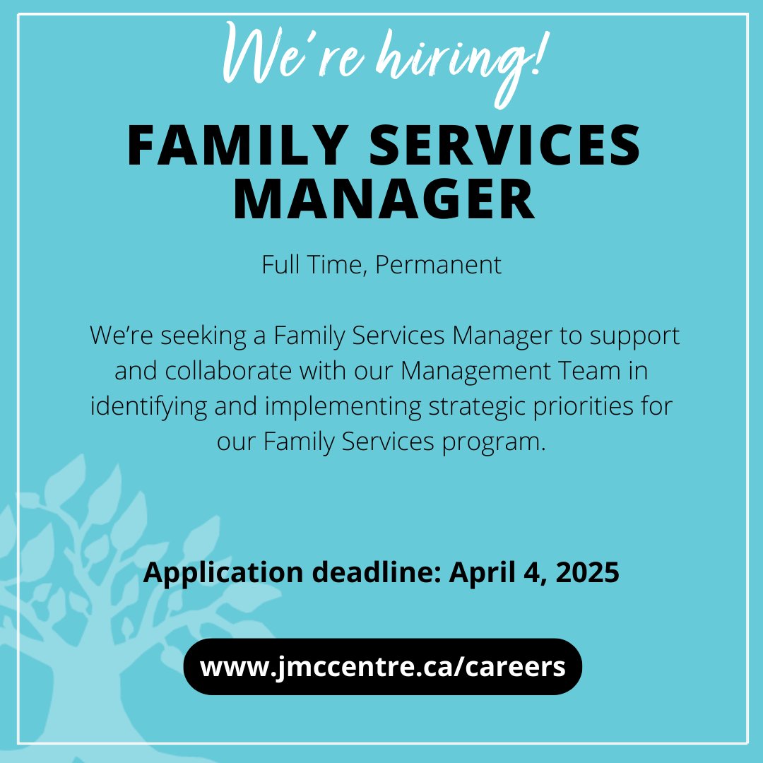 Seeking a Family Services Manager to support and collaborate with our Management Team in identifying and implementing strategic priorities for our Family Services program.

jmccentre.ca/careers

#YQGJobs #WindsorEssexJobs