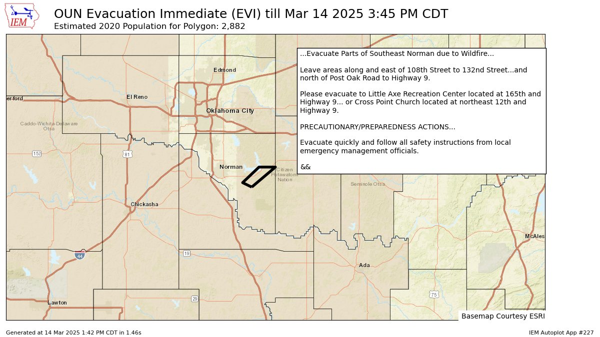 zachstanford's tweet image. #OUN issues Evacuation Immediate (EVI) at Mar 14, 1:41 PM CDT ...Evacuate Parts of Southeast Norman due to Wildfire... mesonet.agron.iastate.edu/p.php?pid=2025…