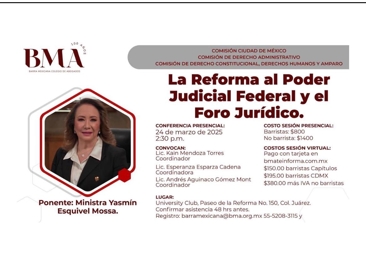 Muy triste ver que la <a href="/BMA_Abogados/">Barra Mexicana, Colegio de Abogados A.C.</a> le sigue dando espacio a <a href="/YasminEsquivel_/">Yasmín Esquivel Mossa</a> para hacer campaña (de forma anticipada e ilegal). 

Ojalá le den el mismo espacio a otros perfiles de candidatos que -estoy seguro- sí necesitan más apoyo que la Ministra, quien lleva meses haciendo