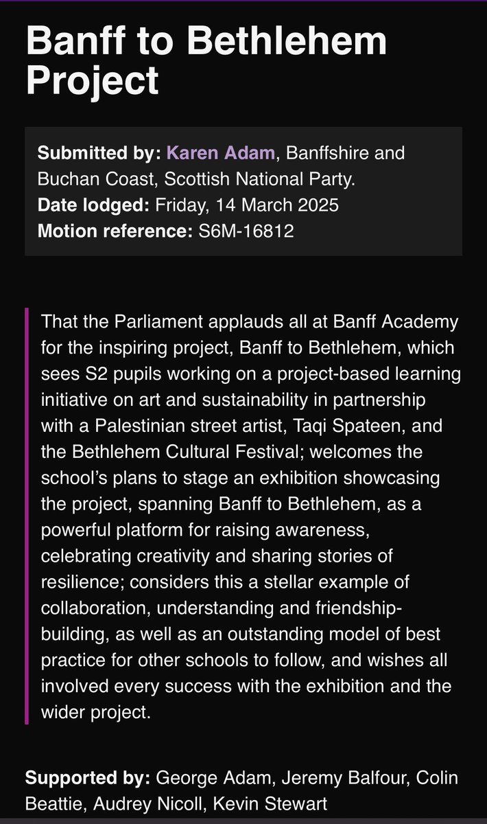 Very pleased to see our work recognised by the Scottish Parliament today! Huge applause to all at Banff Academy for the inspiring Banff to Bethlehem project with S2 pupils, Taqi Spateen, and <a href="/BethlehemCF/">Bethlehem Cultural Festival</a> <a href="/BxaLearning/">BXA Project Based Learning</a> <a href="/ScotGovEdu/">ScotGov Education</a> parliament.scot/chamber-and-co…