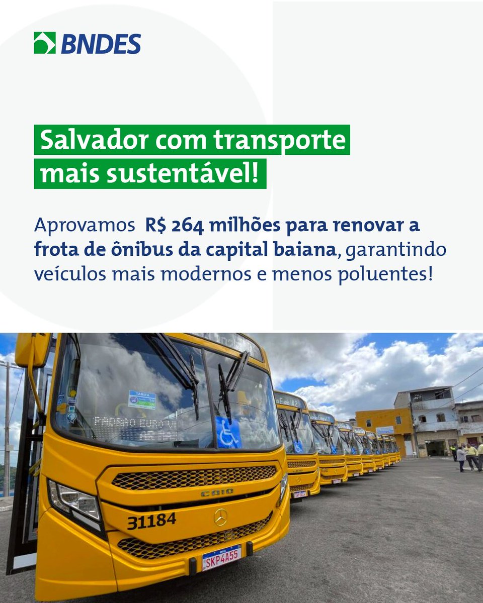 bndes's tweet image. Com a renovação da frota, a cidade ganha ônibus mais modernos e menos poluentes. Quem depende do transporte coletivo sentirá a diferença no dia a dia! Quer saber mais? Segue o fio! 🧵
#BNDES #Salvador #MobilidadeUrbana