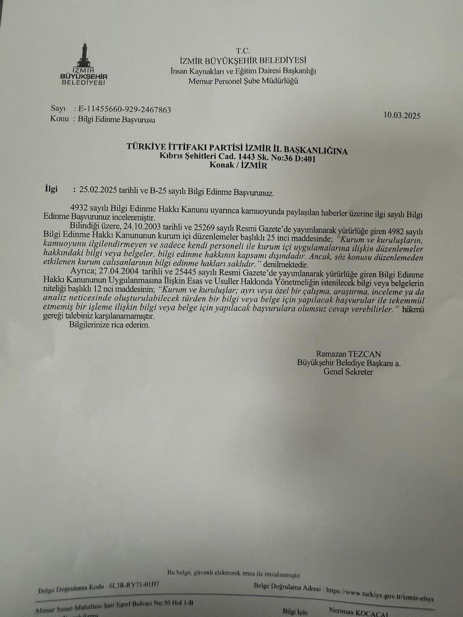 Ekrem İmamoğlu ve eşinin desteklediği vakıf da görev alan ve İzmir Büyükşehir Belediyesini yönetsin diye İmamoğlu tarafından İzmir'e gönderilen Ramazan Tezcan, İBB adına verdiği cevapta kısaca diyor ki: Çalışanlarımızın devlet düşmanı olması kamuoyunu ilgilendirmez. Bu yüzden