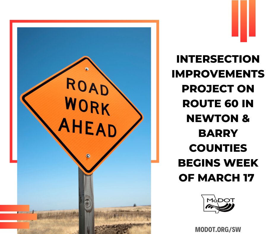 MoDOT_Southwest's tweet photo. Contractor crews will begin work Monday, March 17 in #NewtonCo installing right turn lanes at the intersections of Route 60 and #NewtonCo Route Y/CC east of #Seneca, and Route 60 and Hammer Road west of #Neosho https://t.co/pdfDGixUDo #MoDOTSW https://t.co/ptj6rnKsKT