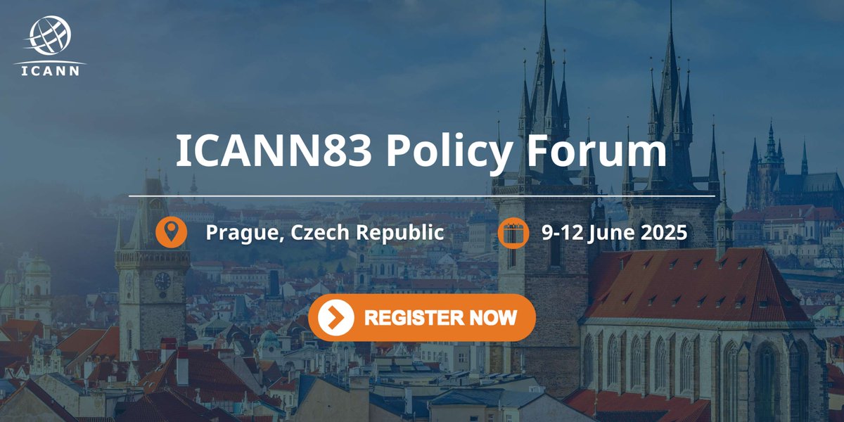 🌟 Registration is now open for #ICANN83 Policy Forum! Join us in Prague, Czech Republic, from 9–12 June 2025, to connect with the global #ICANN community and learn about key #Internet governance policy updates. More info &gt;&gt; go.icann.org/4bTXJQt