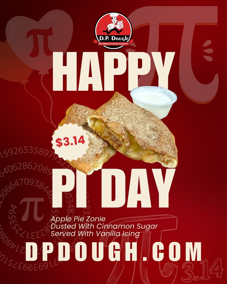 Happy Pi Day! 🥧 Celebrate 3.14 with a calzone of sweet perfection—get your apple pie zonie for just $3.14 today only. Deliciously irrational! 🎉

Order on our app📱 or online at dpdough.com
At participating locations only.
