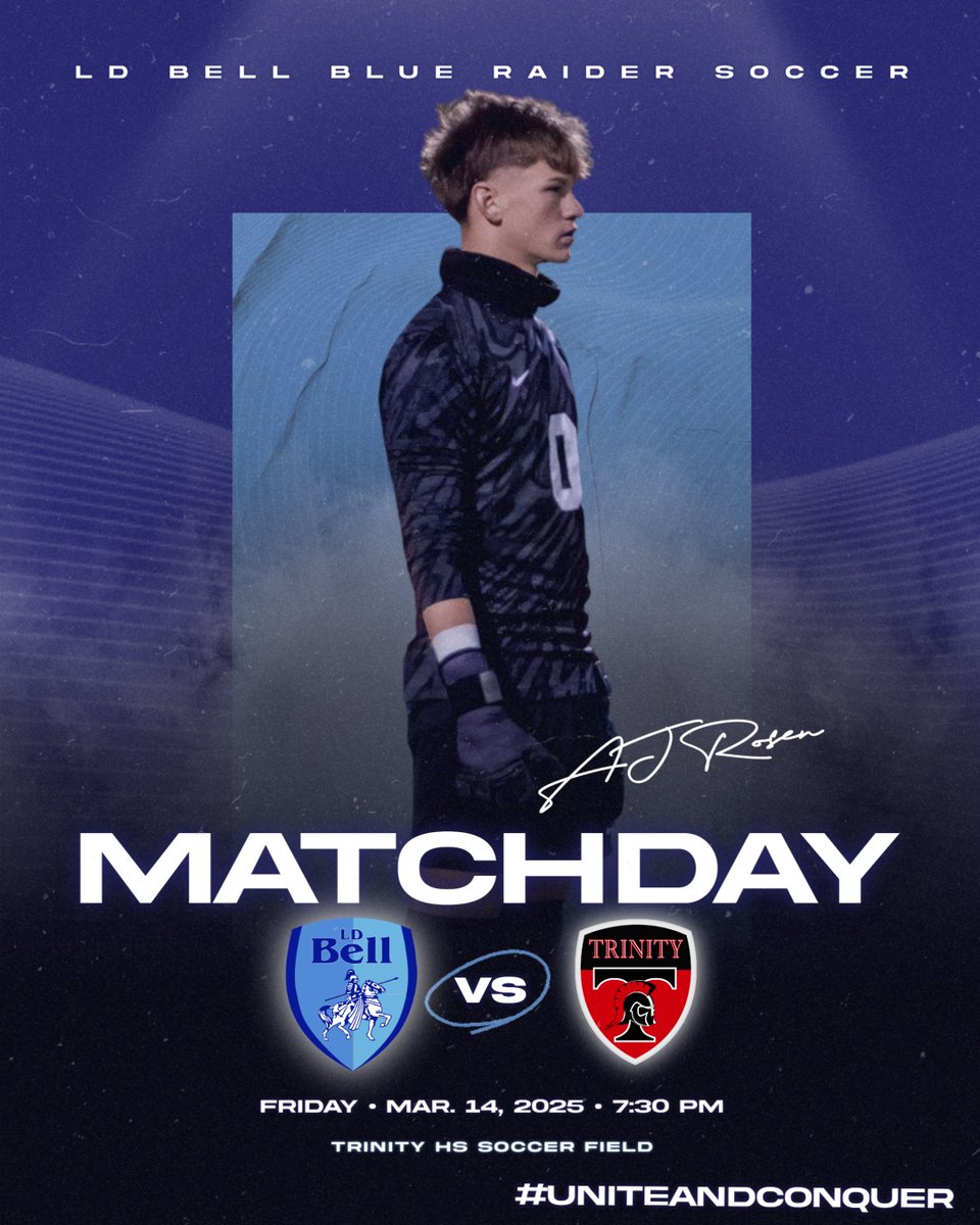 LD Bell Men's Soccer (@ldbell_soccer) on Twitter photo It's Derby Day! Tonight, your Blue Raiders travel across town to take on the Trinity Trojans. Come cheer on AJ and the boys as they try to claim the District Title! #UniteAndConquer <a href="/RandyBelcherBHS/">Randy D Belcher</a>
๐ <a href="/TTrojanSC/">TrinityHSBoysSoccer</a>
โฐ 4:30/6:00/7:30 PM
๐๏ธ Trinity HS
๐๏ธ $4 adults/$2 students It's Derby Day! Tonight, your Blue Raiders travel across town to take on the Trinity Trojans. Come cheer on AJ and the boys as they try to claim the District Title! #UniteAndConquer <a href="/RandyBelcherBHS/">Randy D Belcher</a>
๐ <a href="/TTrojanSC/">TrinityHSBoysSoccer</a>
โฐ 4:30/6:00/7:30 PM
๐๏ธ Trinity HS
๐๏ธ $4 adults/$2 students