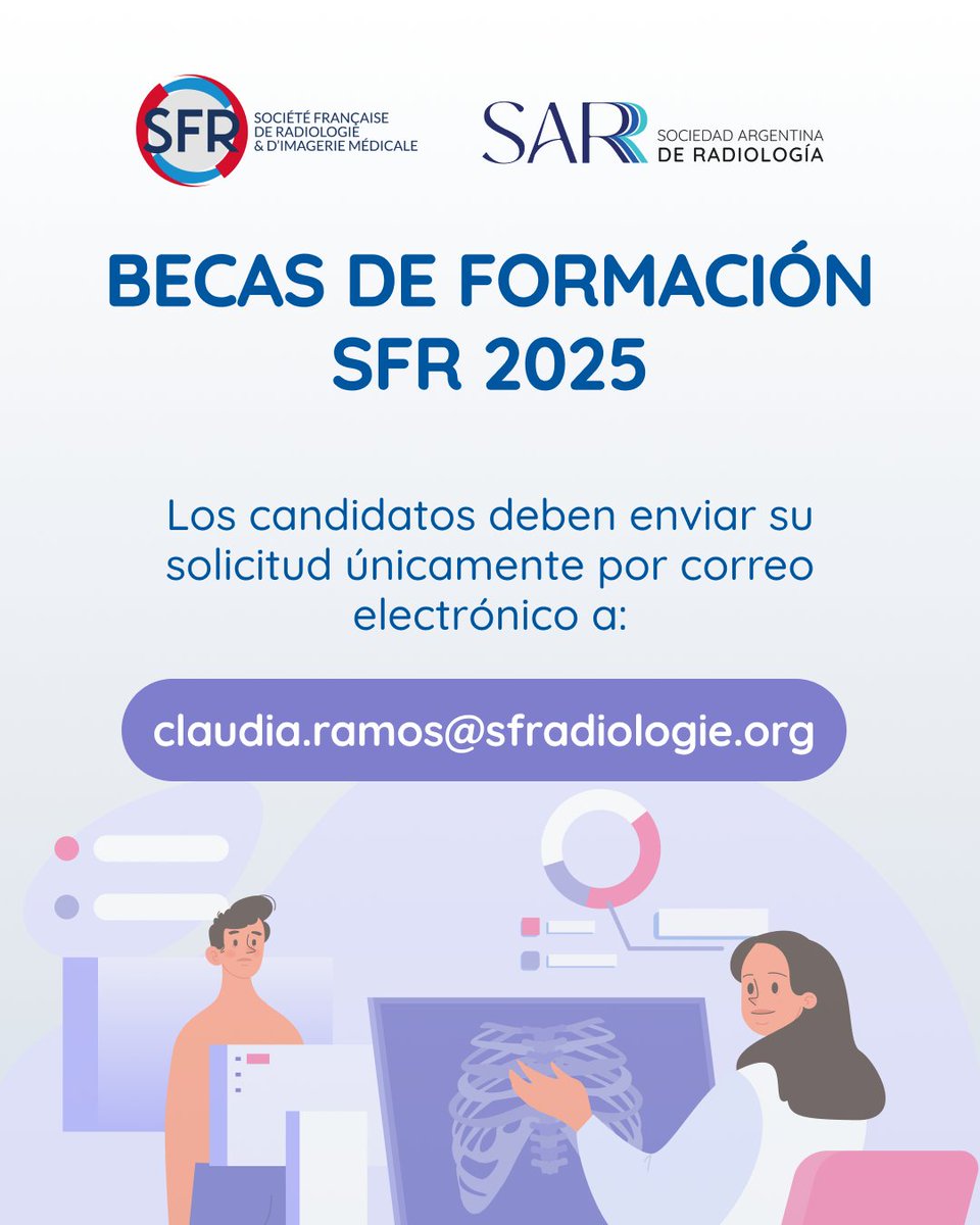 SocArgRad's tweet photo. 🇫🇷 Junto con la Sociedad Francesa de Radiología, queremos presentar las Becas de Formación SFR 2025

🌐 Objetivo: Permitir una formación complementaria de hasta tres meses en un equipo de radiología francés.

✉️ Consultas: claudia.ramos@sfradiologie.fr

@SFRadiologie https://t.co/PPUpFixokc