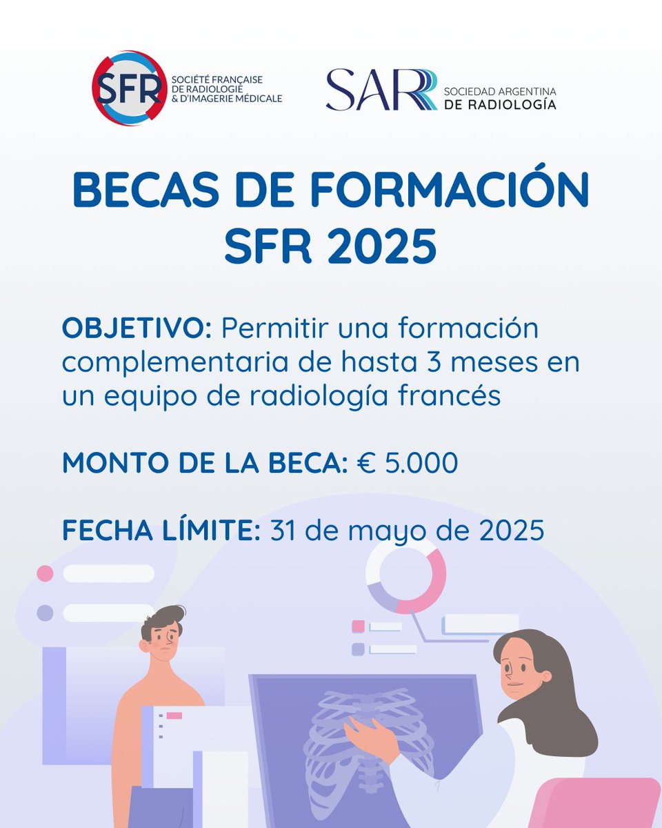 SocArgRad's tweet photo. 🇫🇷 Junto con la Sociedad Francesa de Radiología, queremos presentar las Becas de Formación SFR 2025

🌐 Objetivo: Permitir una formación complementaria de hasta tres meses en un equipo de radiología francés.

✉️ Consultas: claudia.ramos@sfradiologie.fr

@SFRadiologie https://t.co/PPUpFixokc
