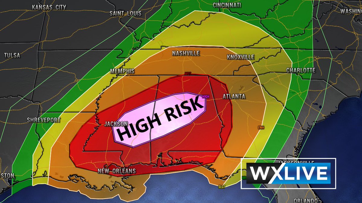 JeremyKappell's tweet image. SPC has just issued a very rare HIGH RISK for an outbreak to occur across the Deep South for Saturday.  My thoughts on the risk for both tonight/tomorrow and where I think "Violent, Long-Track Tornadoes" are LIKELY in the blog&amp;gt;&amp;gt;&amp;gt; 
kappellweather.com/Jeremys-Blog/h…

#highrisk #spc #tornado