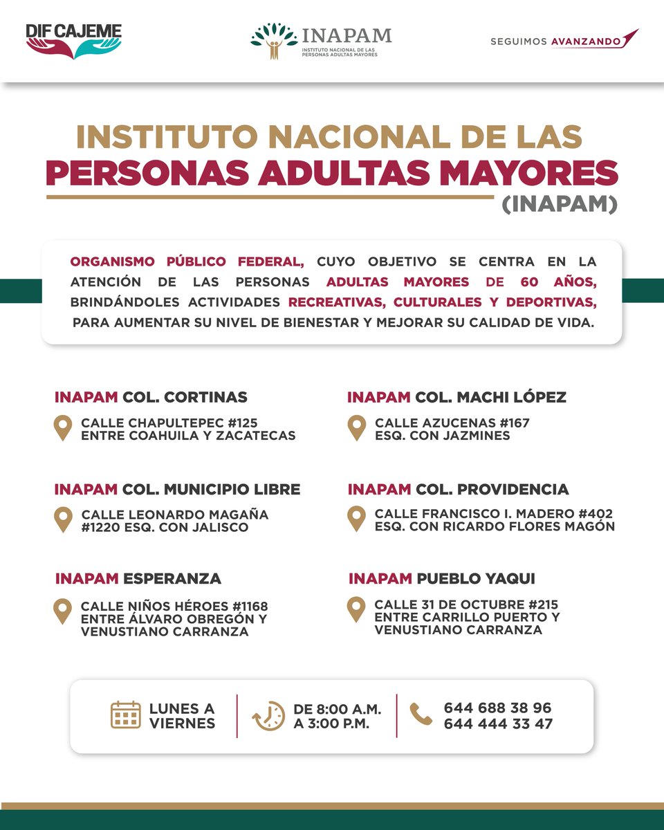 ¡Atención a nuestras y nuestros adultos mayores! 🌟 En DIF Cajeme contamos con 6 Estancias INAPAM donde brindamos servicios de calidad, bienestar y compañía. Ofrecemos actividades recreativas y de socialización, apoyo emocional, así como servicios médicos y de salud.#DIFCajeme