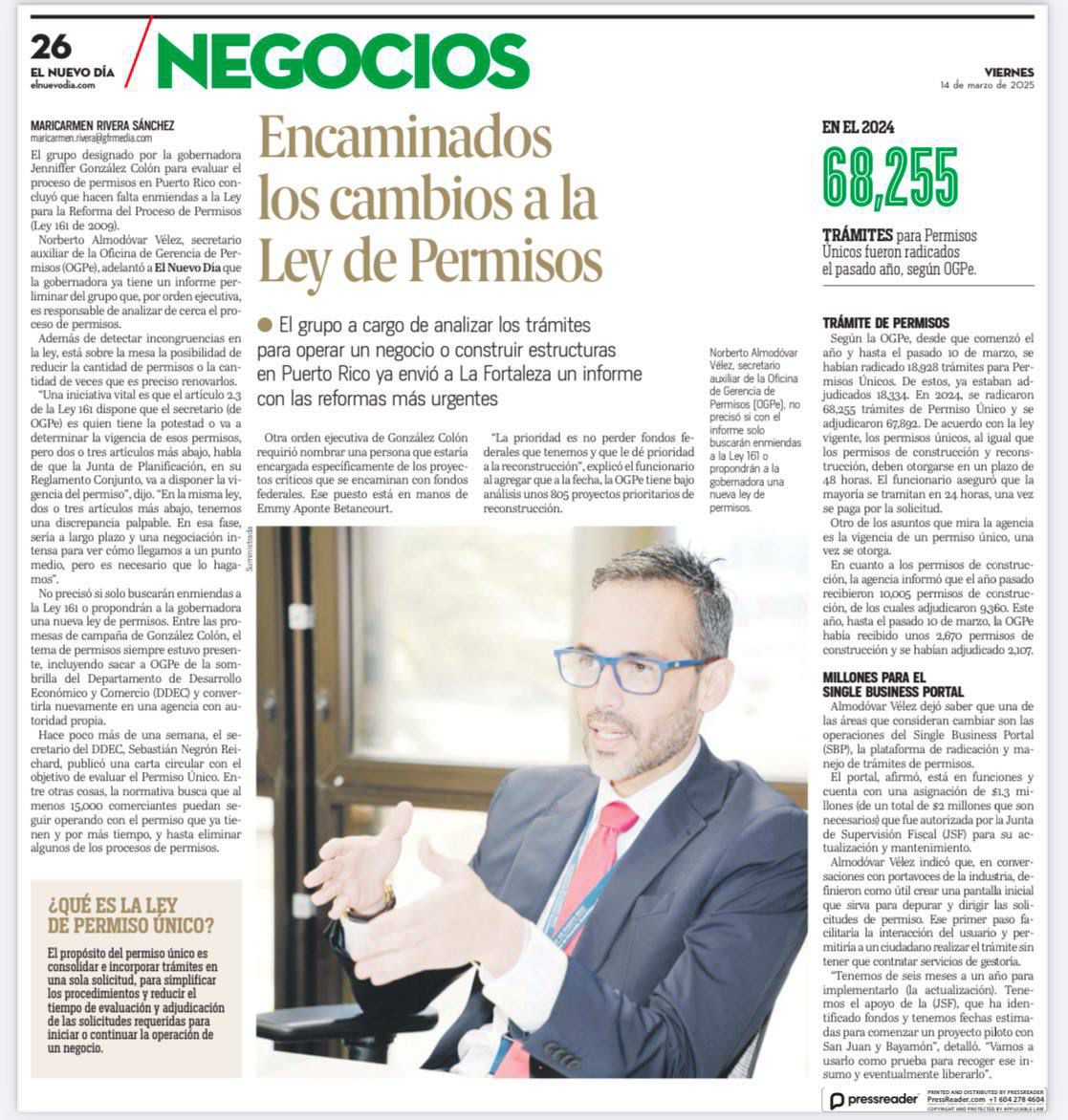 Las reformas que buscamos implementar en la Ley de Permisos tienen un norte claro: simplificar y acelerar los trámites para operar un negocio. De esta forma, impulsamos el desarrollo económico y la eficiencia administrativa. Lee la nota completa via El Nuevo Dia.