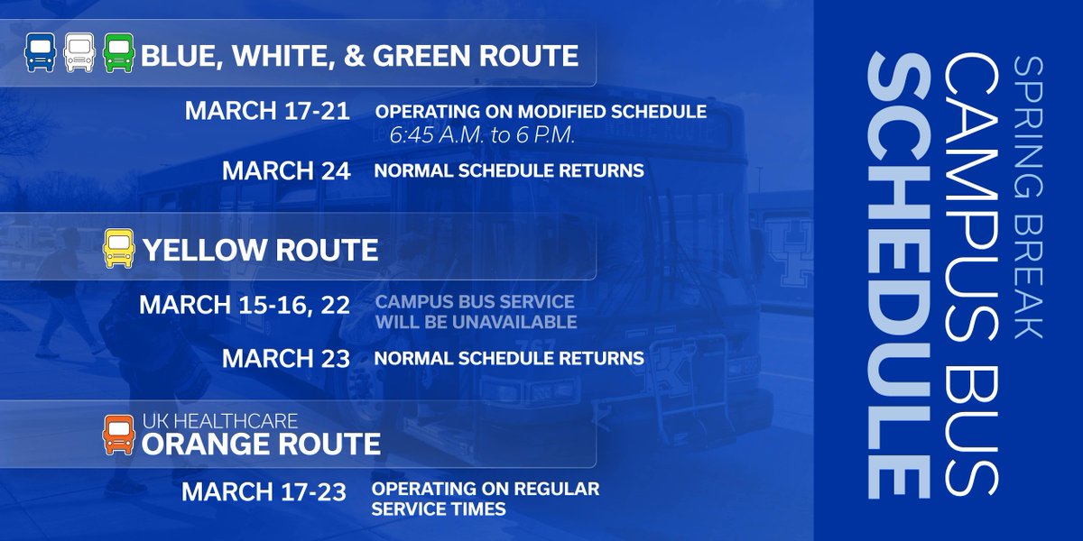 Hey Wildcats! 🐾 Sticking around this spring break? Don't forget to check the adjusted campus bus schedules! Blue, White, and Green routes are running on limited service, while Yellow returns to the norm on March 23, and all other routes resume Monday, March 24. Have a wonderful
