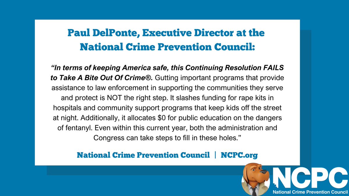 McGruffatNCPC's tweet image. “In terms of keeping America safe, this Continuing Resolution fails to Take A Bite Out Of Crime&quot;. - @PDelPonte 

This #ContinuingResolution cuts important resources from communities - including critical public education campaigns.

More: ncpc.org/news/press-rel…