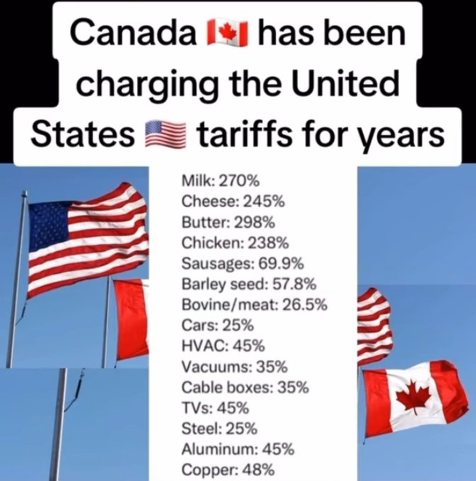 WallStreetMav's tweet photo. These are the tariffs Canada was charging the USA even BEFORE Trump.

All that Trump is doing is raising tariffs on Canada to match what they have been doing for many years.

Canada can't have it only their way, protecting their businesses. We want fair trade, not free trade. https://t.co/YuzEYar6Iw