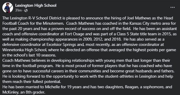 MissouriScoop's tweet photo. With the 27th pick of this year's Coaches Carousel Draft, Lexington select Coach Joel Mathews to lead the Minuetmen into 2025. Coach Mathews is a 20 year coaching veteran with coordinator stops at Winnetonka, Excelsior Springs, and Fort Osage. https://t.co/3i0KQcev1o