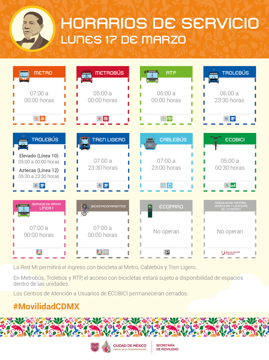 LaSEMOVI's tweet photo. ¡Estos son los horarios de la #RedDeMovilidadIntegrada para el lunes 17 de marzo🚡🚌🚇 ¡Toma tus previsiones! https://t.co/oPp10EB7O5