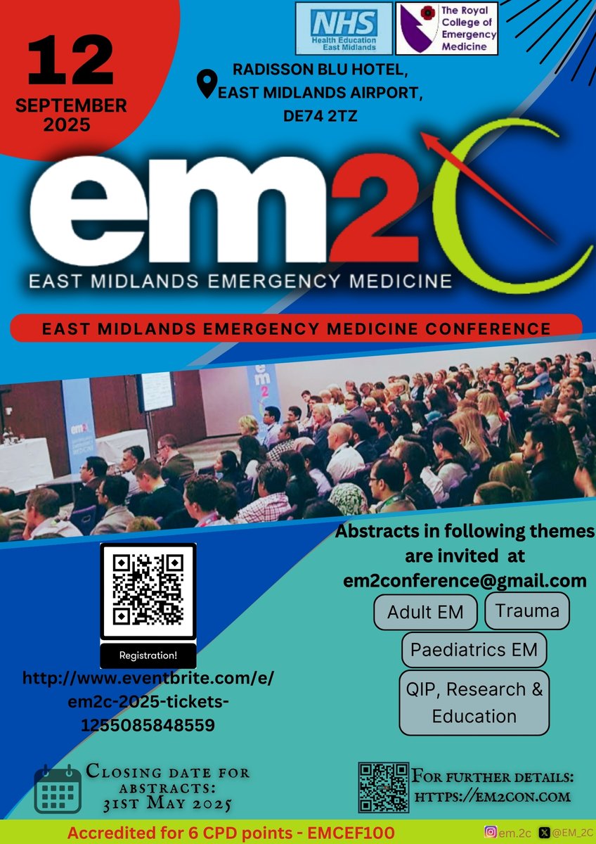 EM_2C's tweet photo. The EM2C team invites you to the much awaited and celebrated emergency medicine conference in East Midlands.
There will be abstracts, keynote speakers, presentations, sim wars, breakout sessions and many more!
#em2c #emergencymedicine #em2con #september2025 https://t.co/RiIcWlqF7S