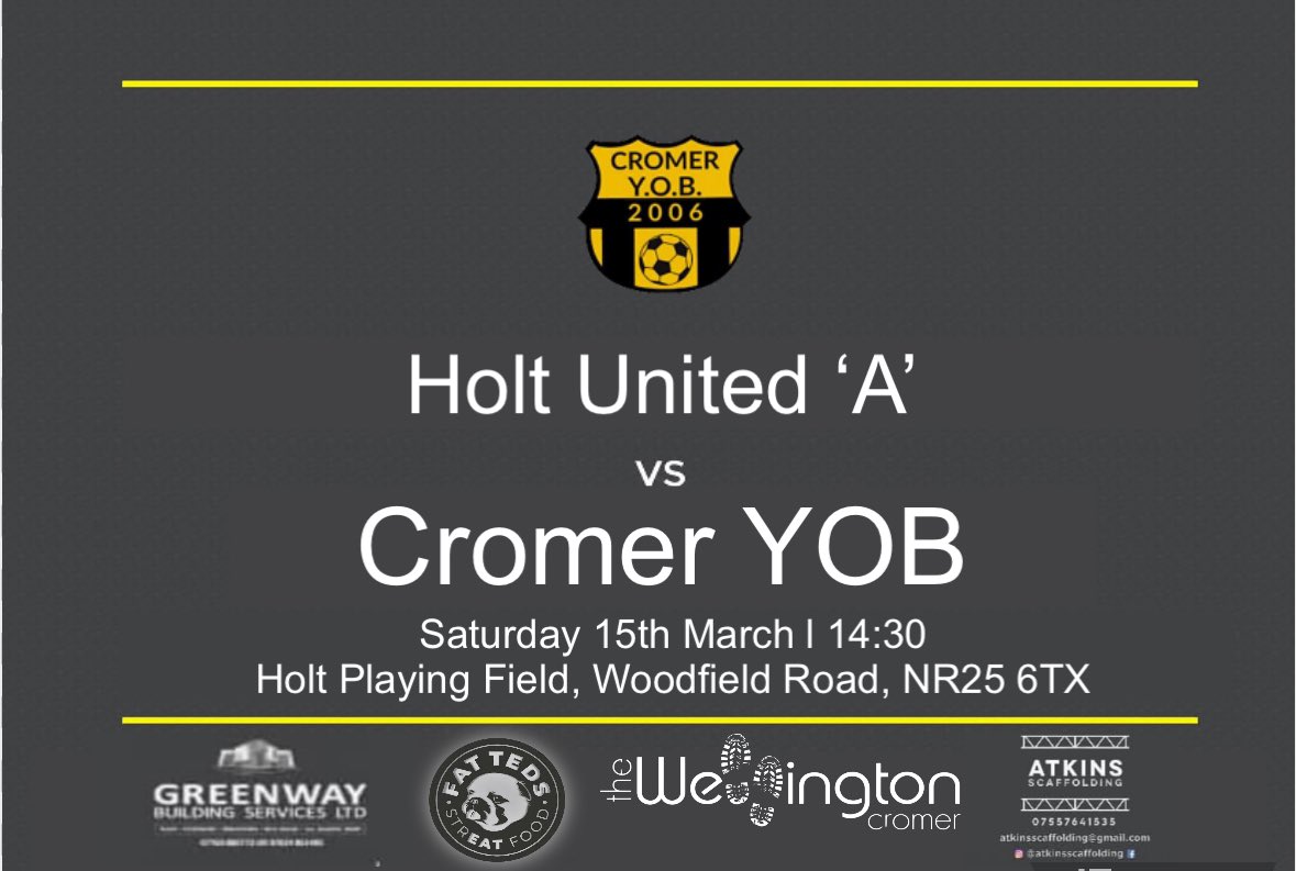 THIS WEEKEND |

We make the very short trip to see neighbours Holt in a Roy Webster Memorial Cup match. 

All support appreciated 💪🏽

YOB 🟡⚫