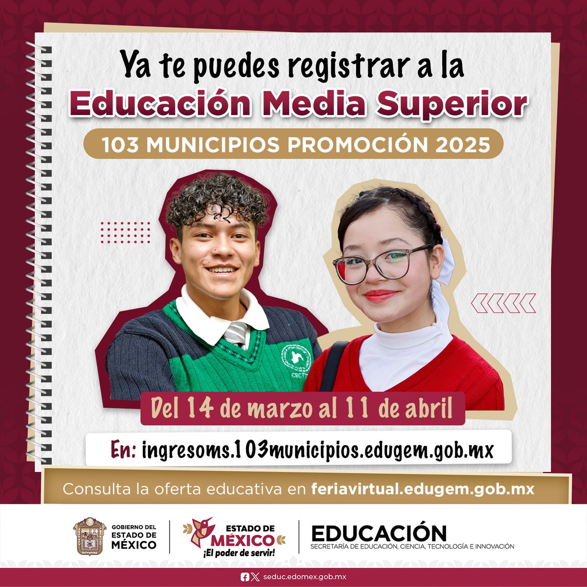CecytemTenango's tweet photo. ¡Ya puedes registrarte a la Educación Media Superior Convocatoria 103 Municipios, Promoción 2025!
Si tu CURP comienza con:
A, B, C, D, E y F
Del 14 al 24 de marzo
En: https://t.co/SwG0WgWC5l
Consulta la oferta educativa en: https://t.co/tvq9ojVDRM
#IngresoMediaSuperior2025 https://t.co/8YmbSgqQ00