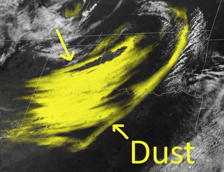 okmesonet's tweet image. If you think that first wave of dust was bad...you ain't seen nothing yet. Or you won't be seeing nothing when the second wave gets here! This special satellite product shows significant dust (yellow) that's been lofted into the atmosphere. #okwx #okmesonet