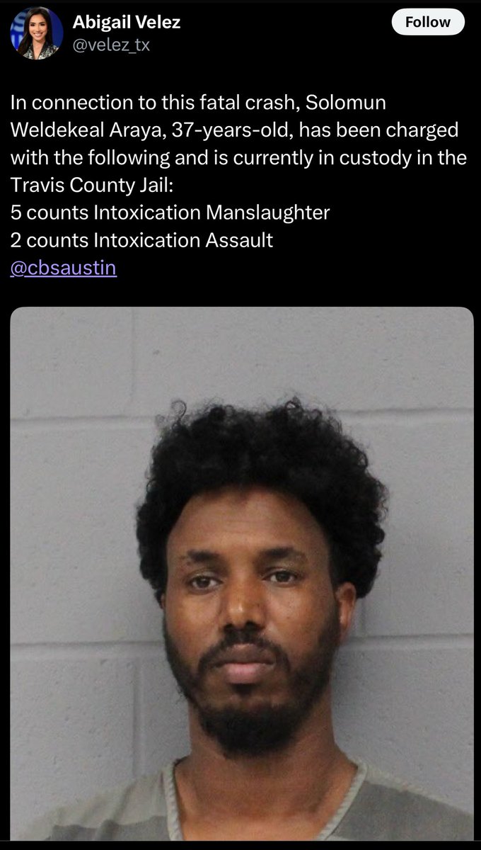 ScMesab's tweet photo. ‼️🔔 #Update: Drunk Driver Solomun Araya Kills 5 in Austin Truck Crash!

On March 14, 2025, Solomun Araya, 37, slammed a semi-truck into 17 vehicles on I-35 southbound in North Austin at 11:23 PM Thursday, killing five—three adults, one child, one infant—and injuring 11, per ABC News. Charged with five counts of intoxication manslaughter and two intoxication assaults, he’s locked in Travis County Jail—APD says he was drunk. Chaos spanned a tenth of a mile near Parmer; 11 hospitalized, two critical.#AustinCrash #DrunkDriverDoom