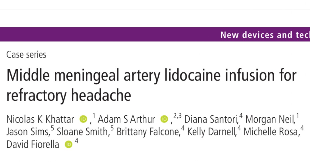 MMA embolization has become one of the most common procedures for cSDH. What about accessing the MMA to inject IA lidocaine for refractory headaches? Khattar et al bit.ly/3FuLMVn report their series in 45 patients with significant headache relief!

#neurology