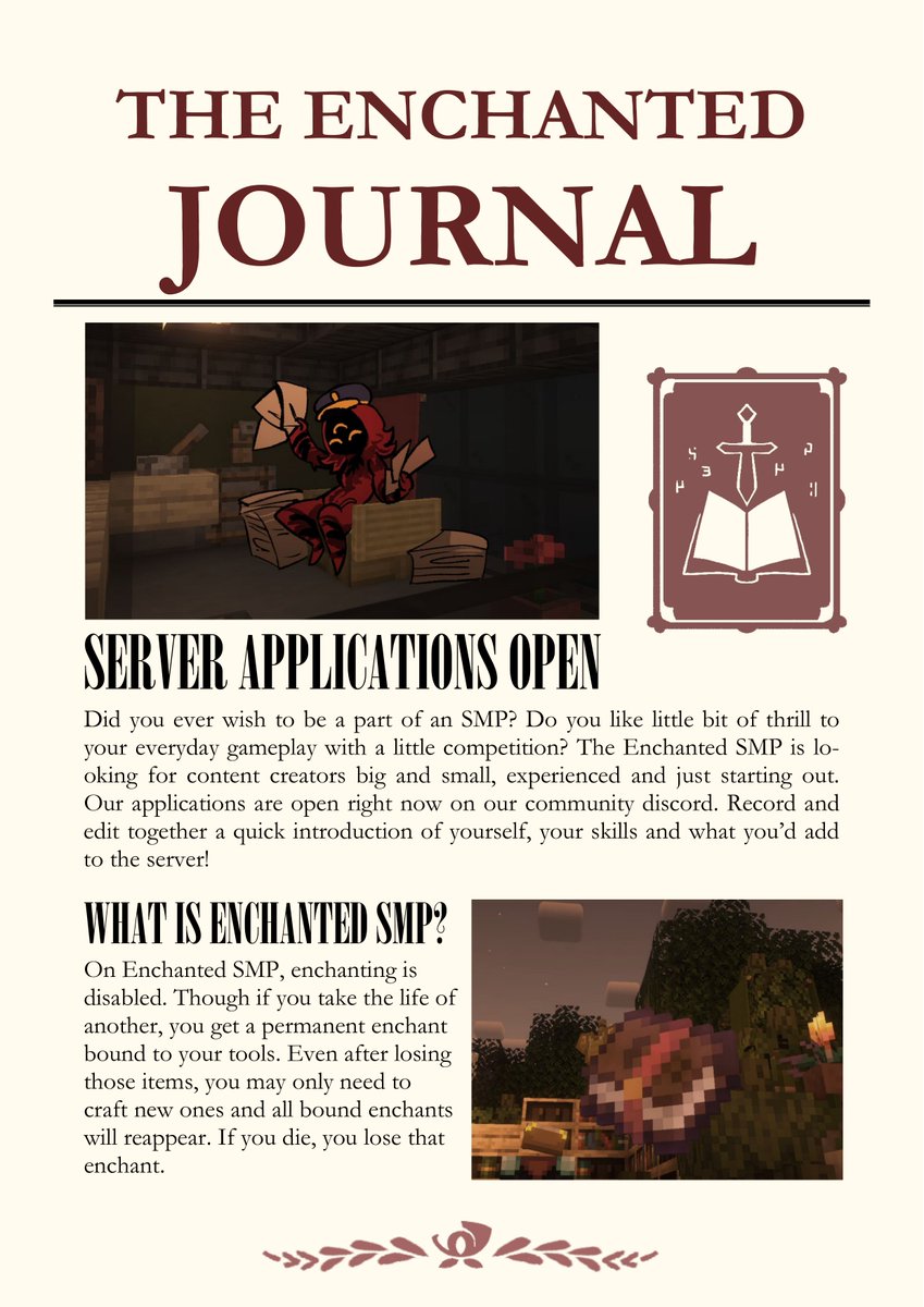 The Enchanted Journal: 
Your #1 source of information on
The Enchanted SMP

⬇️link to apply in replies⬇️