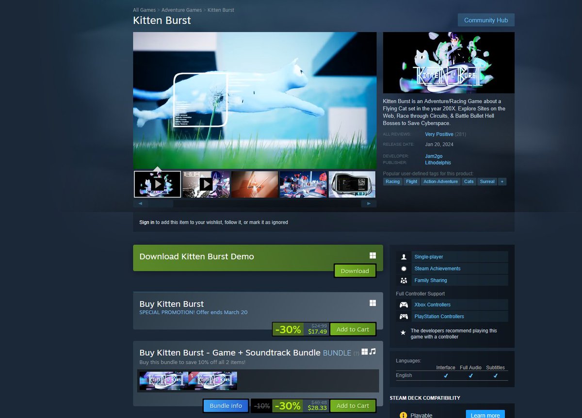 Jam2go's tweet photo. FYI my game Kitten Burst is 30% off for the steam spring sale!

If you're looking for an indie game set in the early 2000s cyberspace (where you play as a flying cat) check it out!

It's an rpg/racing game with a full story, 3 albums worth of electronic music and tons of cat hats.