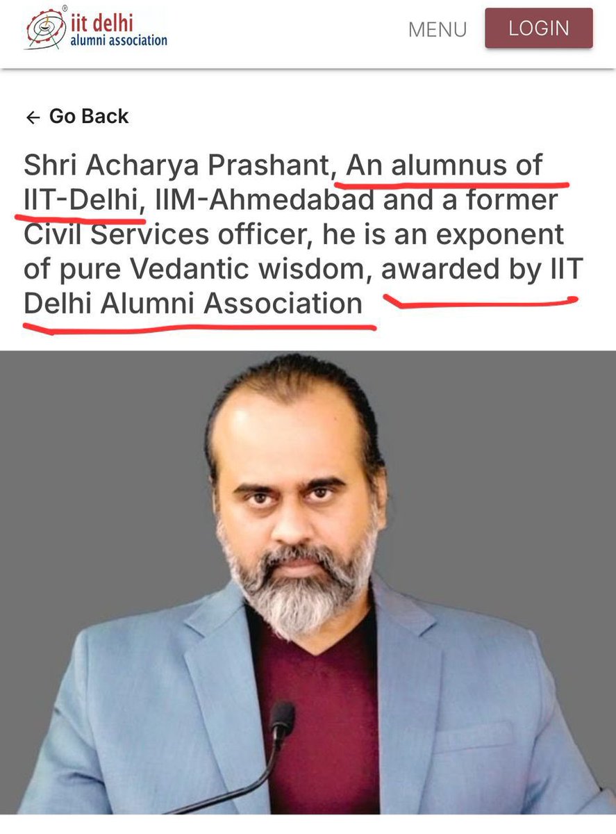 anmol_phutela's tweet image. iitdalumni.com/f/shri-acharya…
एक बात बता, जब IIT-Delhi Alumni Association की वेबसाइट पर यह एकदम साफ़ लिखा है, तो तू सौ रुपये लेकर मिसइन्फ़ॉर्मेशन फैलाने की कोशिश क्यों कर रहा है? कोई भी ज़रा सा गूगल सर्च करेगा, तो उसे सच्चाई दिख जाएगी। जो तू चाह रहा है कि लोग तेरी बात पर यक़ीन करें,…