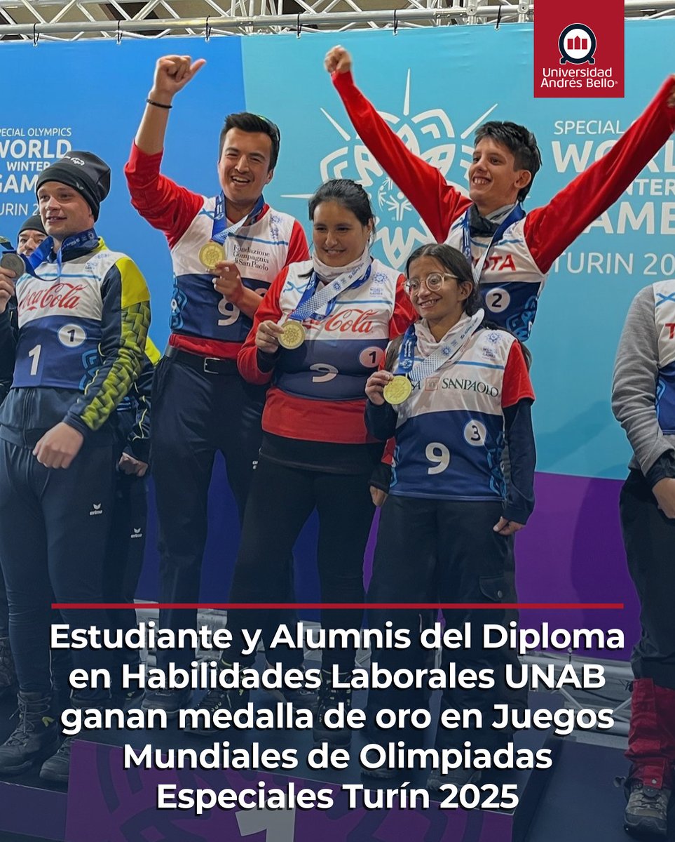 uandresbello's tweet image. #OrgulloUNAB🥇 ¡Oro para Chile en los Juegos Mundiales de Invierno 2025! ❄️🇨🇱

José Espinoza, Nicolás Moreno y Josefina Solé, estudiante y egresados del Diploma en Habilidades Laborales de la @uandresbello, hicieron historia al ganar la posta 4x100 en raqueta de nieve.…