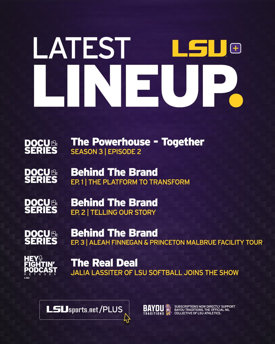 We’ve got your weekend entertainment.

The latest episode of The Powerhouse, a three-part mini series on <a href="/TheBrandLSU/">The Brand</a>, and even a podcast, only on LSU+! 

lsul.su/lsuplus
