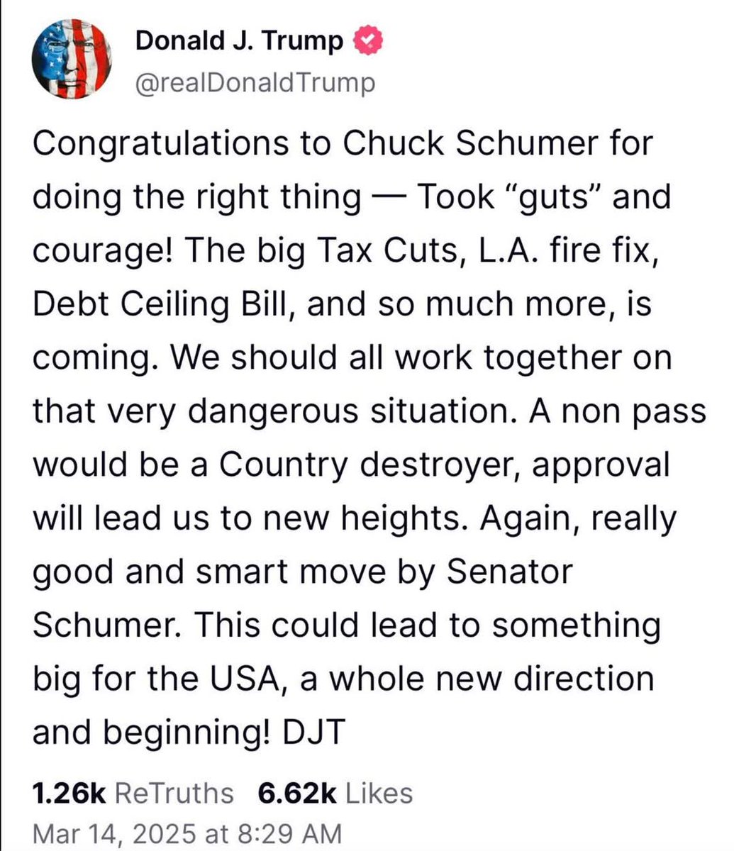 Rooselk's tweet photo. With Republican Senate leader Mitch McConnell we had Moscow Mitch. With Democratic Senate leader Chuck Schumer we have Trump's Bitch. Apparently in Schumer's mind getting an approving tweet from Trump is   a suitable substitute for having an actual spine. https://t.co/wX9APDFbZP