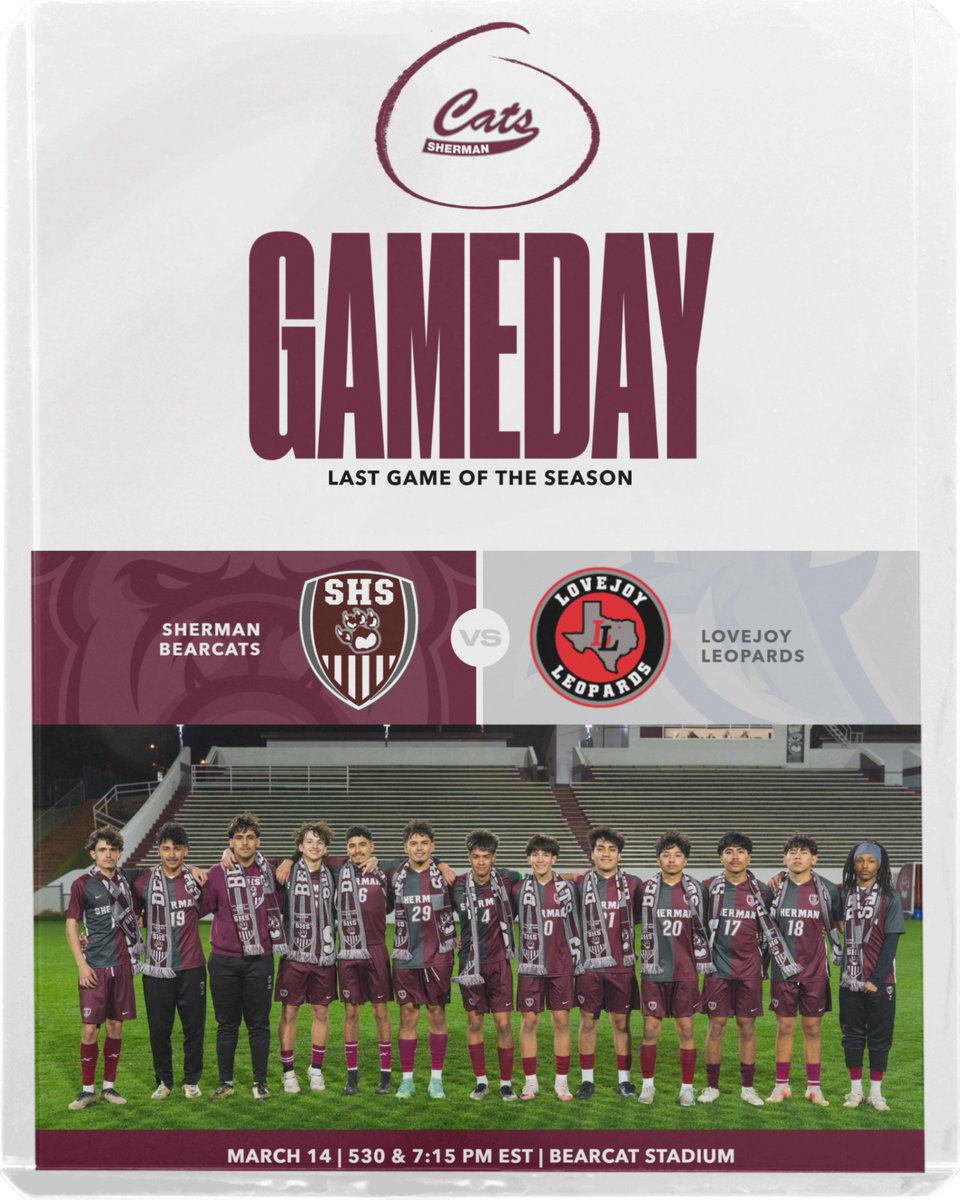 Sherman Bearcat Soccer (@shbearcatsoc) on Twitter photo Come out tonight to support your Sherman Boys Soccer Team in the Last game of the 2025 Season!!
5:30 JV
7:15 V
<a href="/Bearcat/">Barry Gibbons</a> Stadium
#WinTheDay Come out tonight to support your Sherman Boys Soccer Team in the Last game of the 2025 Season!!
5:30 JV
7:15 V
<a href="/Bearcat/">Barry Gibbons</a> Stadium
#WinTheDay