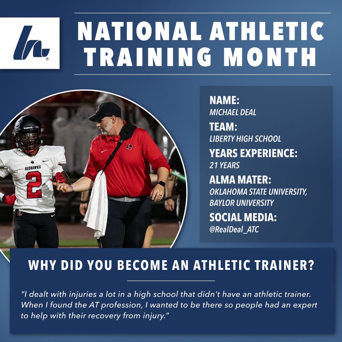 March is National Athletic Training Month!This month, we randomly selected 31 ATs who use Howies to highlight each day!

Today’s Athletic Trainer is Michael Dean! Michael is an AT with Liberty High School. Thank you for all you do for athletes and ATs everywhere, <a href="/RealDeal_ATC/">Deal</a>