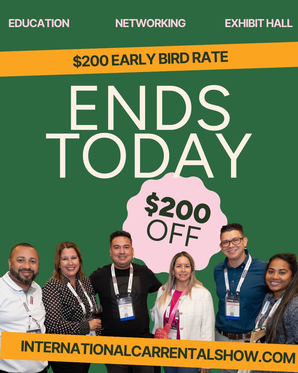 Last day to save $200 for International Car Rental Show (ICRS). Don't wait! Register now before the price increases tomorrow. 
👇👇👇
Register now @ cvent.me/lrBLxr?RefId=A…
#ICRS2025 #carrental #autoindustry #automotivenews #electricvehicles