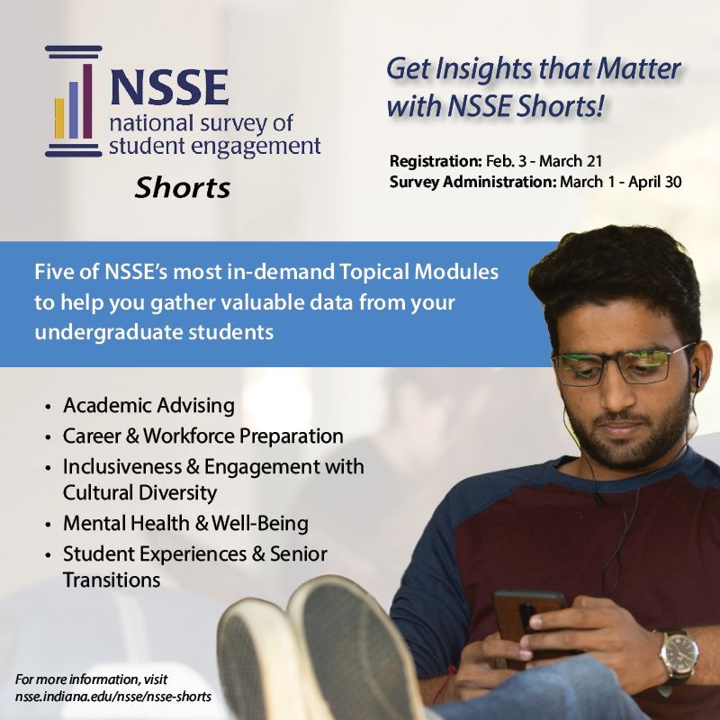 Register by March 21 for NSSE Shorts, NSSE's new offering to gain more targeted insights faster. 

Learn more: buff.ly/430kPlW