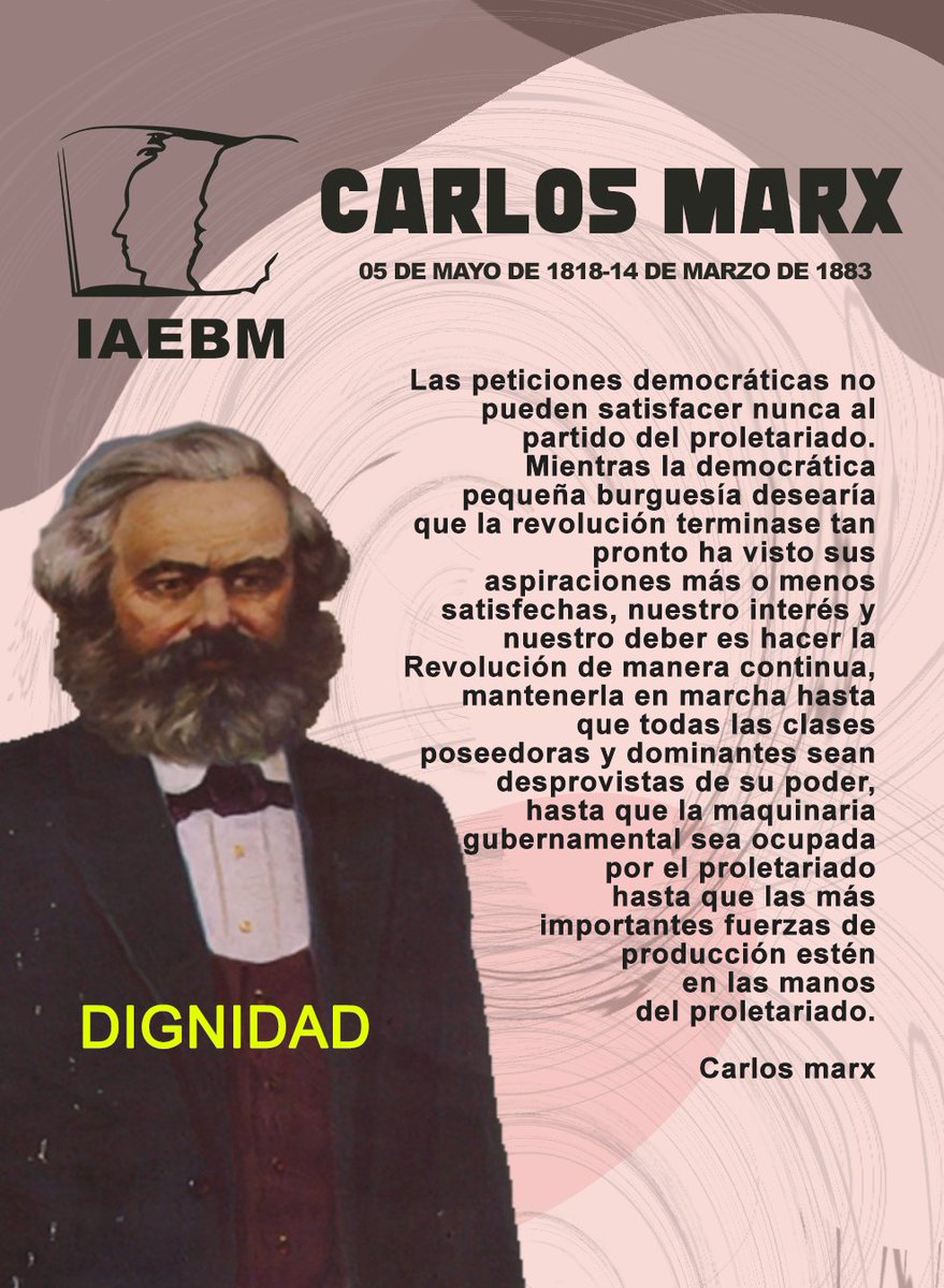 Homenaje militante al camarada Carlos Marx, fundador del Comunismo Científico, padre del Partido Comunista, epónimo de nuestra institución

Lee 📚, estudia 🤓 y comparte 📨

☑️ Únete a nuestra comunidad en Telegram: t.me/IAEBM