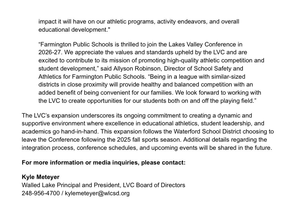 South Lyon East Athletic Department (@beeast_cougars) on Twitter photo OFFICIAL | <a href="/LakesVC/">Lakes Valley Conf.</a> is expanding! Check out the press release below about Livonia and Farmington Schools joining the Lakes Valley Conference in 2026-27! #TogetherWeAreOne OFFICIAL | <a href="/LakesVC/">Lakes Valley Conf.</a> is expanding! Check out the press release below about Livonia and Farmington Schools joining the Lakes Valley Conference in 2026-27! #TogetherWeAreOne